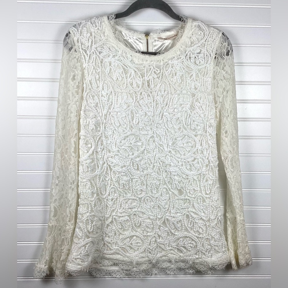 Soft Surroundings long sleeve white lace embroidered top zip back Size Medium